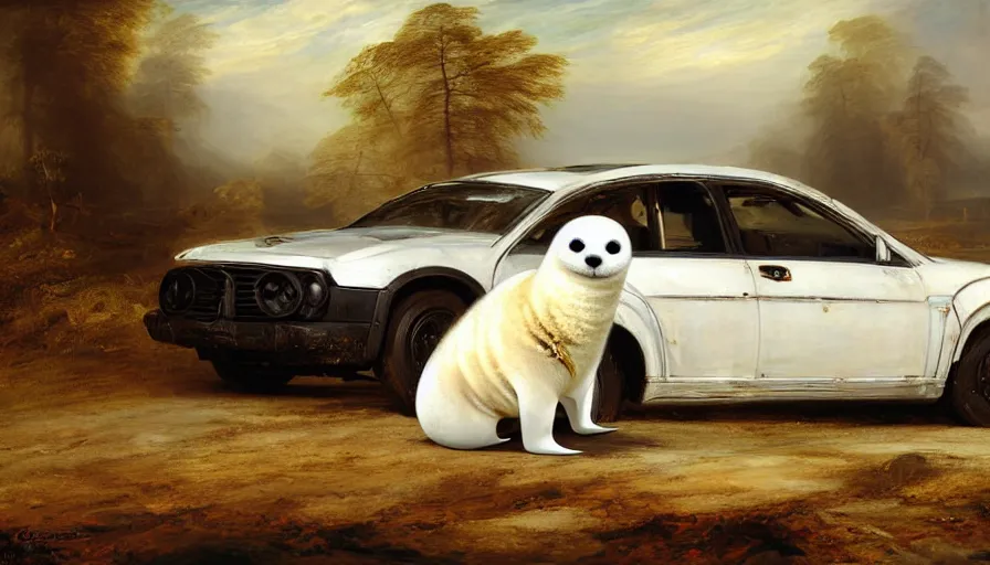 Image similar to highly detailed painting of cute furry white baby seals on an out of control car by william turner, by greg rutkowski, by william constable, thick brush strokes and visible paint layers, 4 k resolution