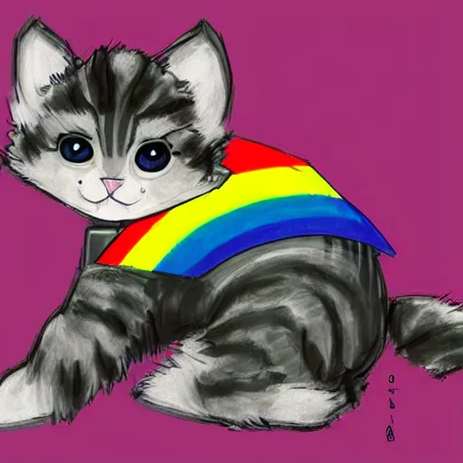 Image similar to wide angle full body, of a fluffy cute rainbow kitten wearing a black motorcycle jacket, concept art