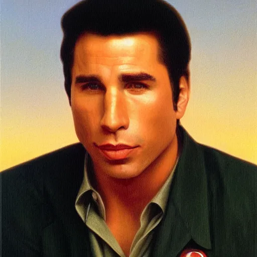 Image similar to Painting of John Travolta as Forrest Gump. Art by william adolphe bouguereau. During golden hour. Extremely detailed. Beautiful. 4K. Award winning.