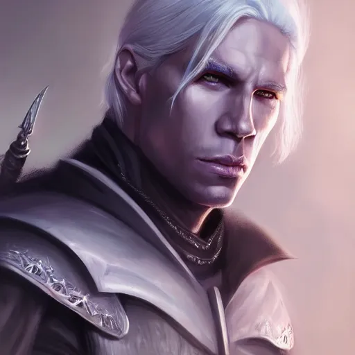 Prompt: realistic portrait of drizzt du orden by r. a. salvatore with thinner face, dark elf with purple eyes and white hair, trending on artstation, low angle oil painting and composition laws, cinematic lighting, hyperdetailed, cgsociety, 8 k