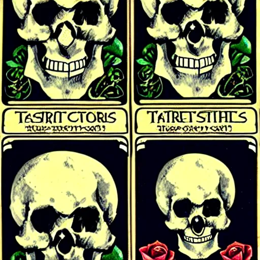 Image similar to tarot cards with skeletons skulls and roses, art nouveau, sharp,