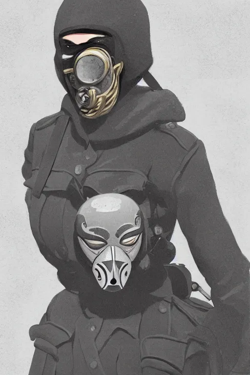 Image similar to ww 2 british sas female masked operative with the standard black uniform and a white porcelain crow mask, artstation, trending on artstation, establishing shot, by simon stalenhag