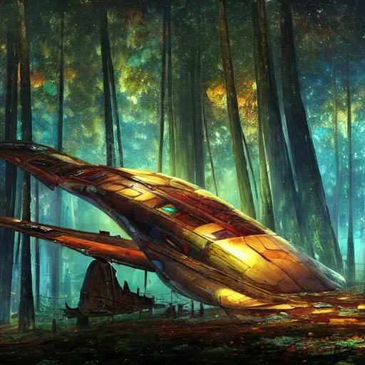 Image similar to crashed spaceship in forest cryengine render by android jones, james christensen, rob gonsalves, leonid afremov and tim white