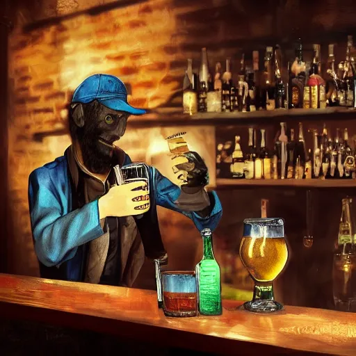 Prompt: a punk rock guy serving beer at a bar, by dave mckean, oil painting, highly detailed, octane render, volumetric lighting, vibrant,