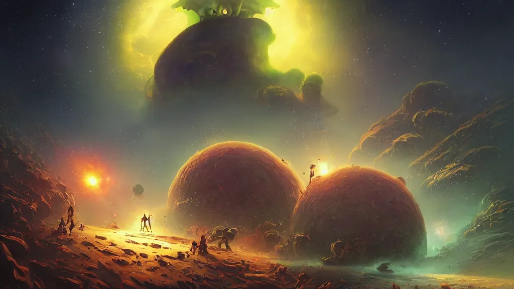 Image similar to Astronauts have a treasure with them, they are fighting with the giant Cthulhu that is hunting them, they have large blades, they are over the ring of the gas planet, this is an extravagant planet with wacky wildlife and some mythical animals, the background is full of nebulas and planets, the ambient is vivid and colorful with a terrifying atmosphere, by Jordan Grimmer digital art, trending on Artstation,