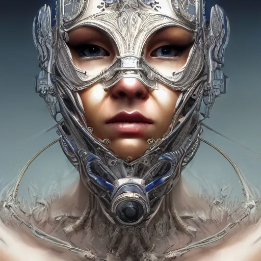 Image similar to Very very very very highly detailed epic photo of face with venetian mask, intricate, dystopian, sci-fi, extremely detailed, digital painting, artstation, concept art, smooth, sharp focus, illustration, intimidating lighting, incredible art by Artgerm and Anton Pieck