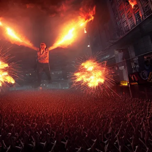 Image similar to the biggest mosh pit in the world, punks throwing Molotovs in the air, fighting, flame and fire, glowing upside cross, cinematic, epic, volumetric, godrays, dynamic lighting, dust flying up into the air, people shooting into the air with guns, octane render, photorealistic, unreal engine, artstation, artstation trending, artstation hq, artstation hd, Pinterest, 8k, ultra detailed, ultra realistic,