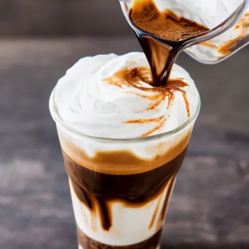 Image similar to close-up of nitro-cold-brew-coffee mixing with cream, perfect turbulence mixing cream-and-coffee, swirled, texture,