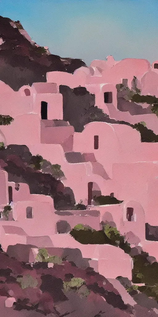 Image similar to overgrown ruins of santorini with pink sky, painting by ashley wood