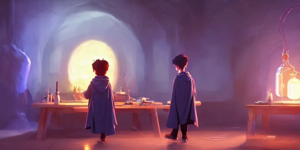 Image similar to a young boy mage with a cloak is standing at his desk working on a experiment, bubbling potions, colorful, light rays, medium shot, waist up, pixar and disney animation, sharp, rendered in unreal engine 5, by greg rutkowski and makoto shinkai, bloom, dramatic lighting, cinematic