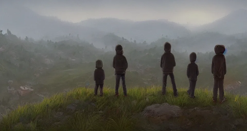 Image similar to two boys and two girls teenagers from behind looking down to a valley, misty sunset, wide shot scenery with a near town in the valley, a twenty meters tall wall at the edge of the town, the wall is build all around, there is a barb wire on the top of the wall, black guardians are patrolling the wall, in the style of Simon Stalenhag, cinematic, dramatic lightning, dystopian