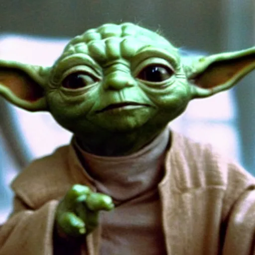 Image similar to a picture of Yoda’s first day of kindergarten. Yoda looking up towards the camera.