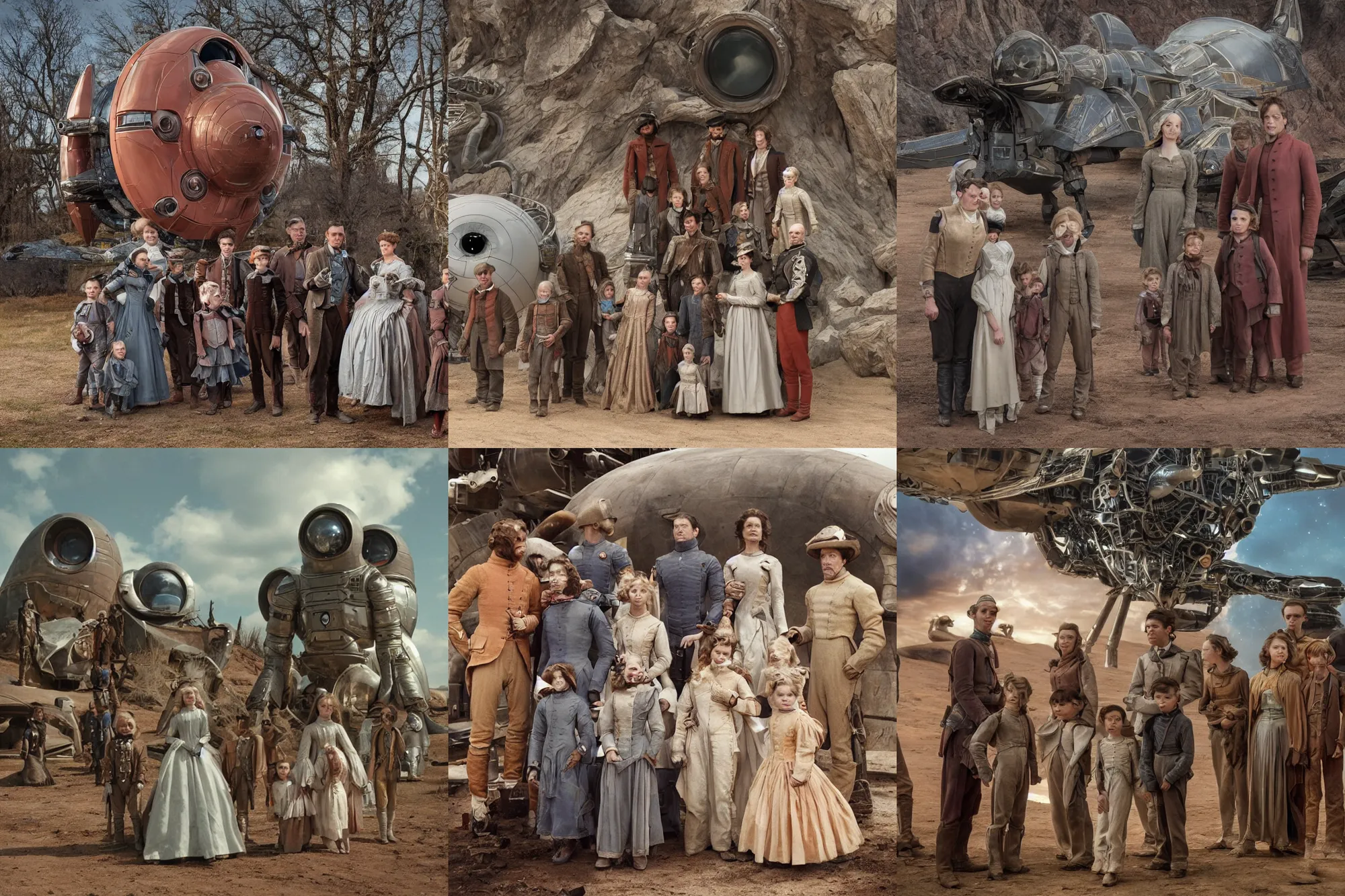 Prompt: highly detailed, 1024777216k film still from a sci fi blockbuster color movie made in 2019, set in 1860, of a family standing in front of a spaceship that has just landed on an alien planet, a humanoid alien creature stands nearby, the family are all wearing 1860s era clothes, in focus, good lighting, good photography, ultra high definition