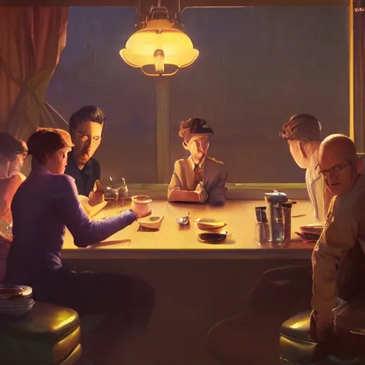 Prompt: sargent and leyendecker and greg hildebrandt, portrait of a diner, stephen bliss, unreal engine, fantasy art by greg rutkowski, loish, rhads, ferdinand knab, makoto shinkai, ilya kuvshinov, rossdraws, global illumination, radiant light, detailed and intricate environment