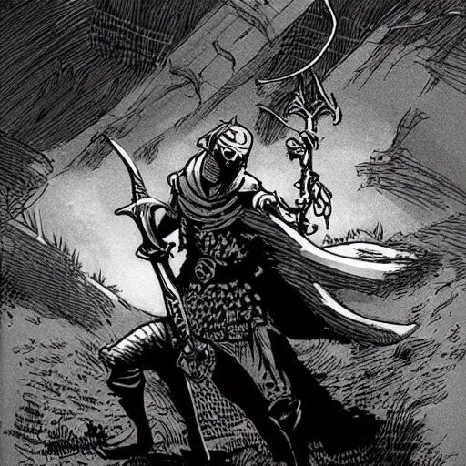 Prompt: A sword stuck in the ground, bathed in dusty light. Close Up Shot, Dark Fantasy, Film Noir, Black and White. High Contrast, Mike Mignola, D&D, OSR