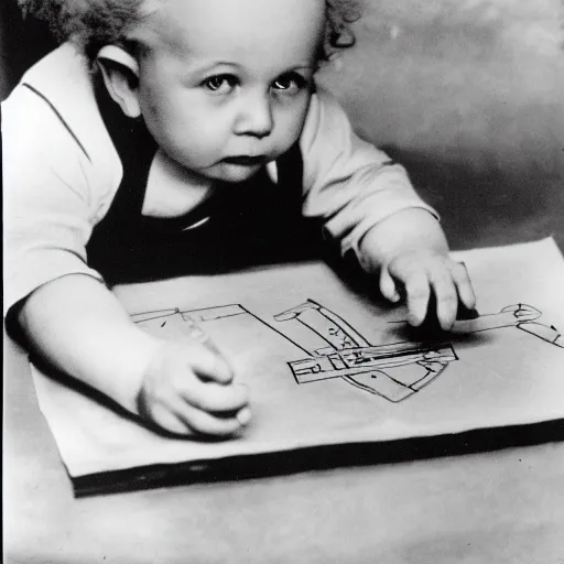 Prompt: Baby Albert Einstein making a crayon drawing of plans for a rocket