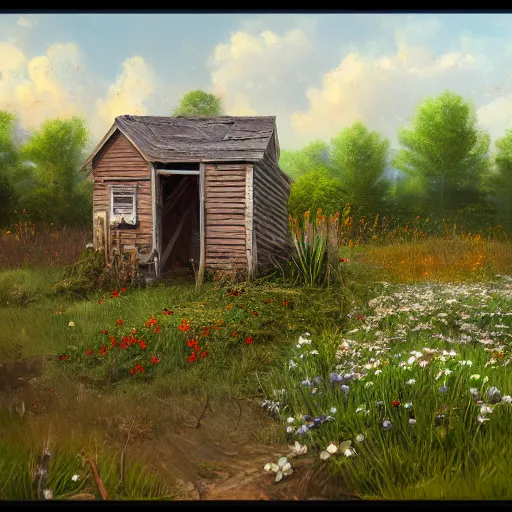 Image similar to a matte painting of a midwestern countryside, shack close up, overgrown, patchy flowers, oil painting, pale colors, high detail, 8 k, wide angle, trending on artstation,