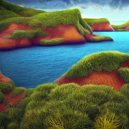 Image similar to artistic digital artwork of a lush natural scene on an alien planet. beautiful landscape by lurid ( 2 0 2 2 ). weird vegetation. cliffs and water. grainy and rough. soft interesting colour palette. beautiful light. high quality render.