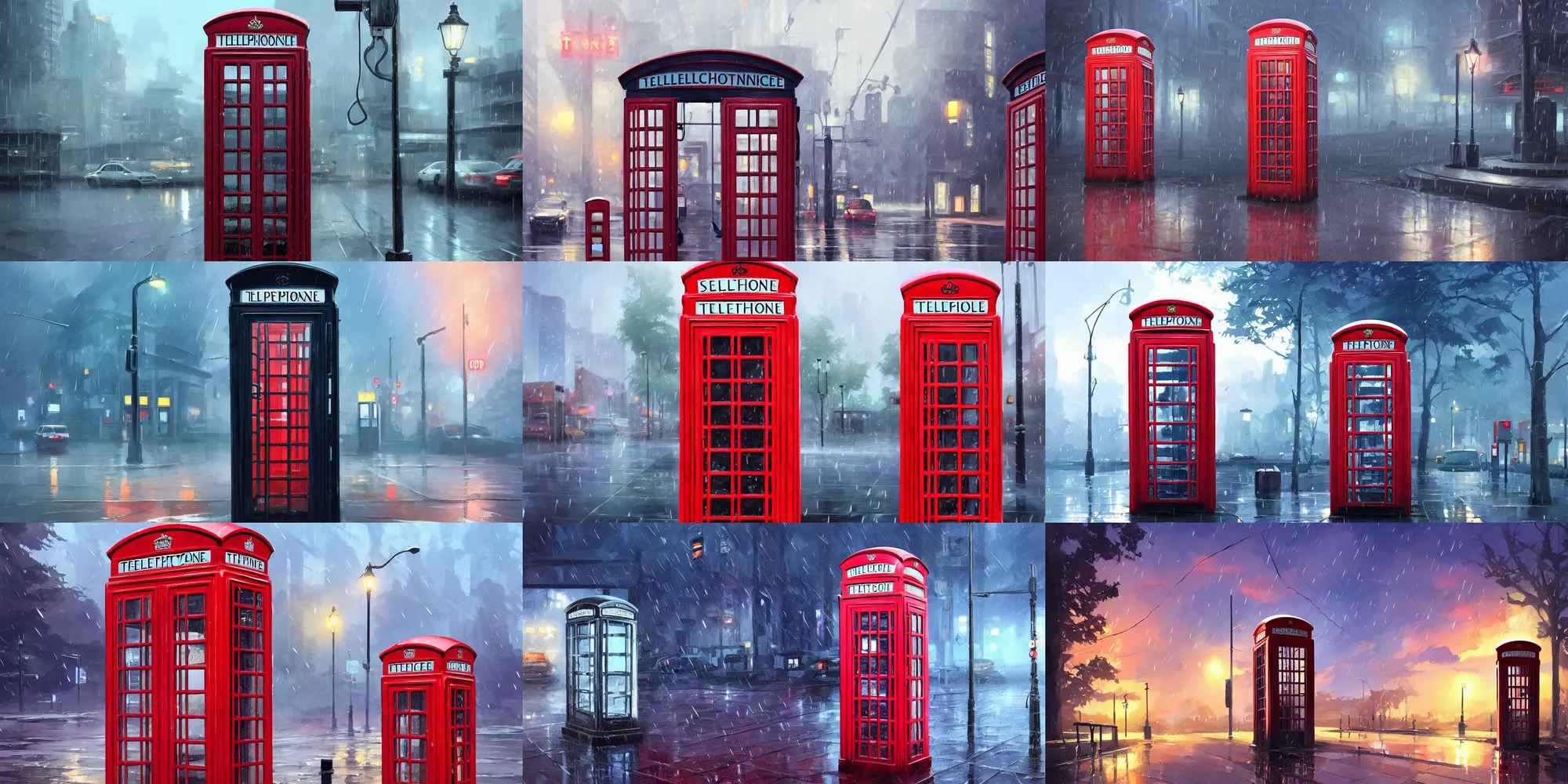 Prompt: scenic view a telephone box on a rainy day, in the background a gas station, behance hd by jesper ejsing, by rhads, makoto shinkai and lois van baarle, ilya kuvshinov, rossdraws global illumination, 4 k artstation