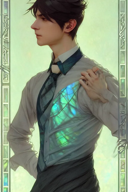 Prompt: fae king, male, thin, ornate labradorite hairstyle, opal, high collared elegant dress shirt, very detailed, smooth, sharp focus, by greg rutkowski, alphonse mucha, ayami kojima, makoto shinkai, artstation