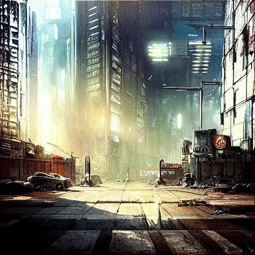 Prompt: “dystopian cyberpunk city street scene, halls of dirty glass, ornate scrap mechanical electronics, dappled light, atmospheric haze, smog, harsh daylight, in the style of Jean-Pierre Jeunet”