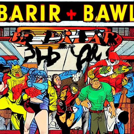 Prompt: bar brawl, todd mcfarlane comic book art style,