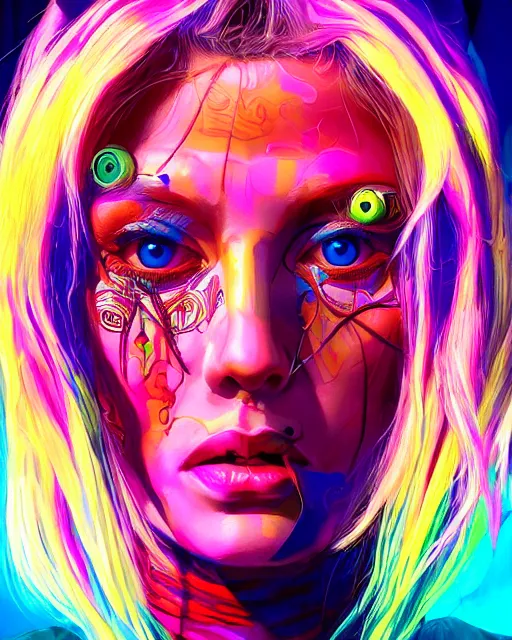 Image similar to colorful character portrait of a female hippie, set in the future 2 1 5 0 | highly detailed face | very intricate | symmetrical | professional model | cinematic lighting | award - winning | painted by mandy jurgens | pan futurism, dystopian, bold colors, cyberpunk, groovy vibe, anime aesthestic | featured on artstation