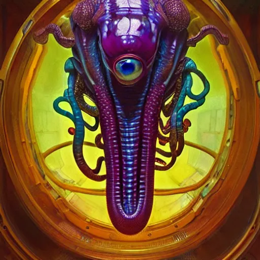 Prompt: intricate colorful transparent portrait of a disturbing beautiful alien snake creature, mottling coloring, adorable, childlike, whimsical, robotic, ultra realistic, concept art, art nouveau, photorealistic, octane render, 8 k, unreal engine. art by christopher marley and artgerm and greg rutkowski and alphonse mucha, and rene magritte