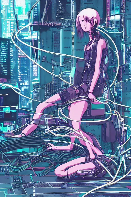 Image similar to cyberpunk anime style illustration of an android girl seated on the floor, seen from behind with her back open showing a complex mess of cables and wires, by mamoru oshii and katsuhiro otomo, studio ghibli color scheme