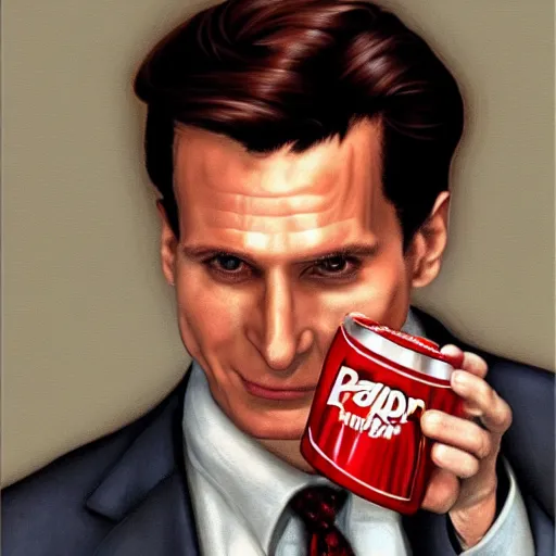 Prompt: patrick bateman drinking dr pepper, photorealistic art, 8 k