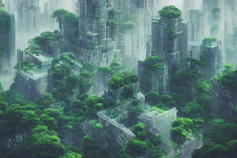 Prompt: futuristic city, lush vegetation, humid, early evening, diagonal view, geometric buildings, cloudy, beautiful, dull pastel colors, realistic, foggy, dreamy, nostalgic, bright, studio ghibli style