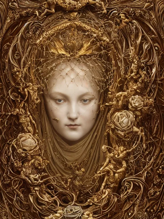 Image similar to a beautiful render of catholic rococo roses veiled red queen sculpture with symmetry intricate detailed,by Edward Burne-Jones and Lawrence Alma-Tadema and aaron horkey and NekroXIII and Billelis and peter gric,Trending on artstation,ZBrush,maximalist,glittering,gold,silver,ivory,hyperreal,golden ratio,cinematic lighting