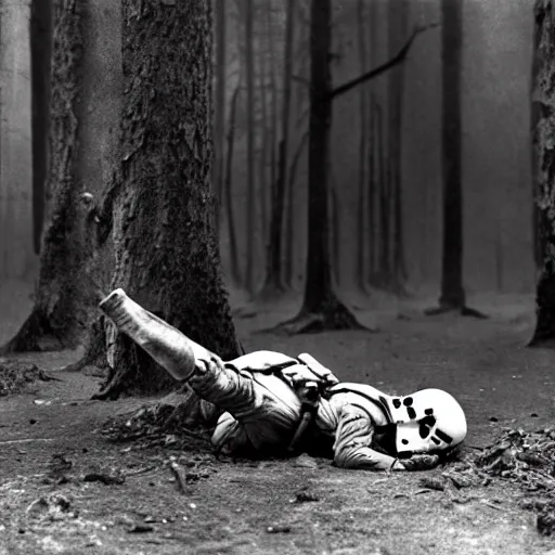 Image similar to war photography, the falling soldier, imperial stormtrooper, moment of death frozen in time, in endor, the body lies placidly on the ground, groundbreaking, breathtaking, awardwinning, by robert capa, digital intricate art, hyperrealist, detailed, 8 k, 3 5 mm, canon, extreme long shot