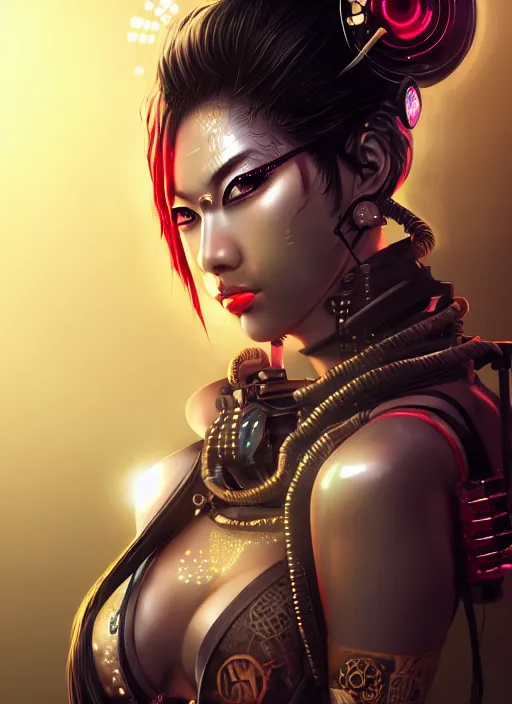 Image similar to soft lustrous ebony geisha seductive raver gutter punk steampunk cyborg, yakuza, golden ratio, details, scifi, fantasy, cyberpunk city, intricate, decadent, highly detailed, octane render, digital painting, artstation, concept art, sharp focus, illustration, art by artgerm, loish, wlop