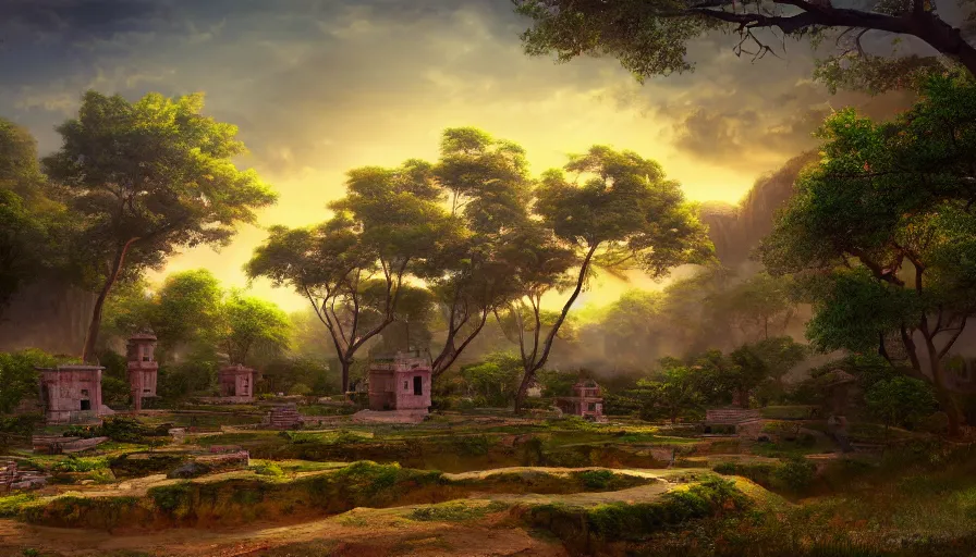 Image similar to matte painting of a beautiful dvaravati village, digital art, trending on artstation