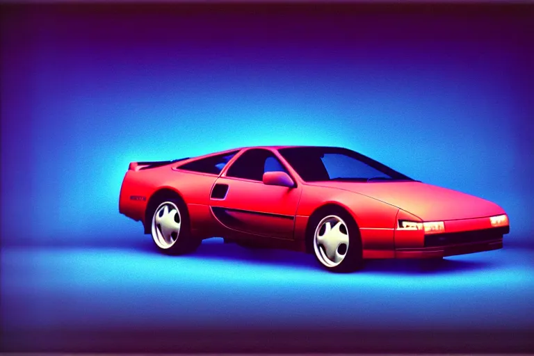 Image similar to designed by giorgetto giugiaro stylized poster of a 1 9 9 0 nissan 3 0 0 zx with thick neon lights as an ektachrome photograph with volumetric lighting cinematic eastman 5 3 8 4 film