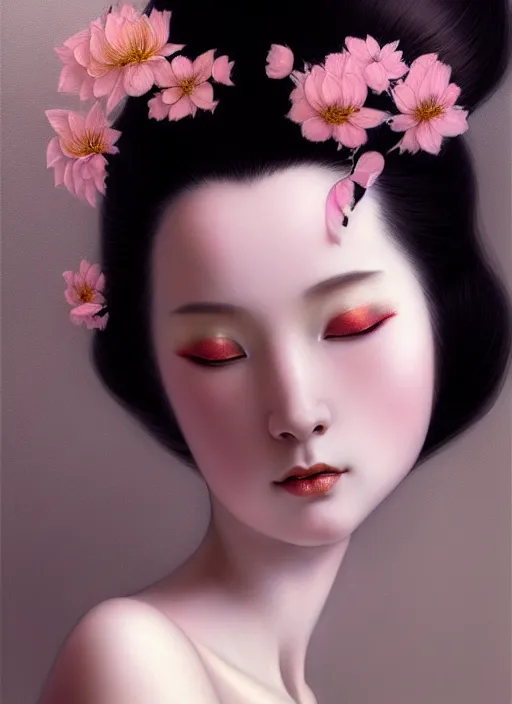 Prompt: organic seductive Geisha, pearlescent skin, diffuse lighting, fantasy, intricate, elegant pose, highly detailed, lifelike, photorealistic, digital painting, artstation, illustration, concept art, different point of view, smooth, sharp focus, art by John Collier and Albert Aublet and Leonardo da vinci and Moebius and Krenz Cushart
