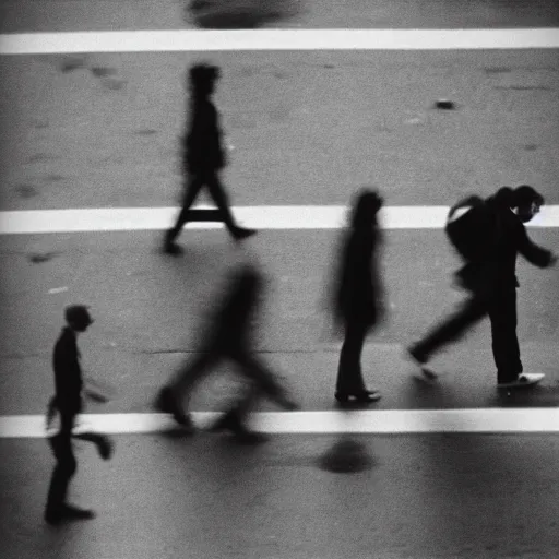 Image similar to street photography silhouettes of people walking, high angle, dynamic composition, blurry, holga camera, ilford hp 5 film