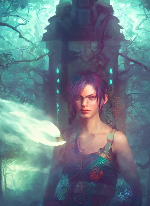 Image similar to Beautiful art portrait of a female fantasy fighter mage in a bright temple surrounded by lush forest, atmospheric lighting, intricate detail, cgsociety, hyperrealistic, octane render, RPG portrait, ambient light, dynamic lighting