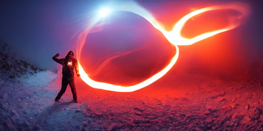 Image similar to fisheye slow motion with trail fire effect of futuristic break dancer wearing long dark cloak and golden helmet emitting blue and red fire, long exposure shot , enigmatic, at night in the middle of the arctic with red light A letter, paddle of water, steam, fog, water splashes, rim lights, glossy reflections, water droplets on lens, octane render, Volumetric dynamic lighting, stunning cover magazine, high details, hajime sorayama