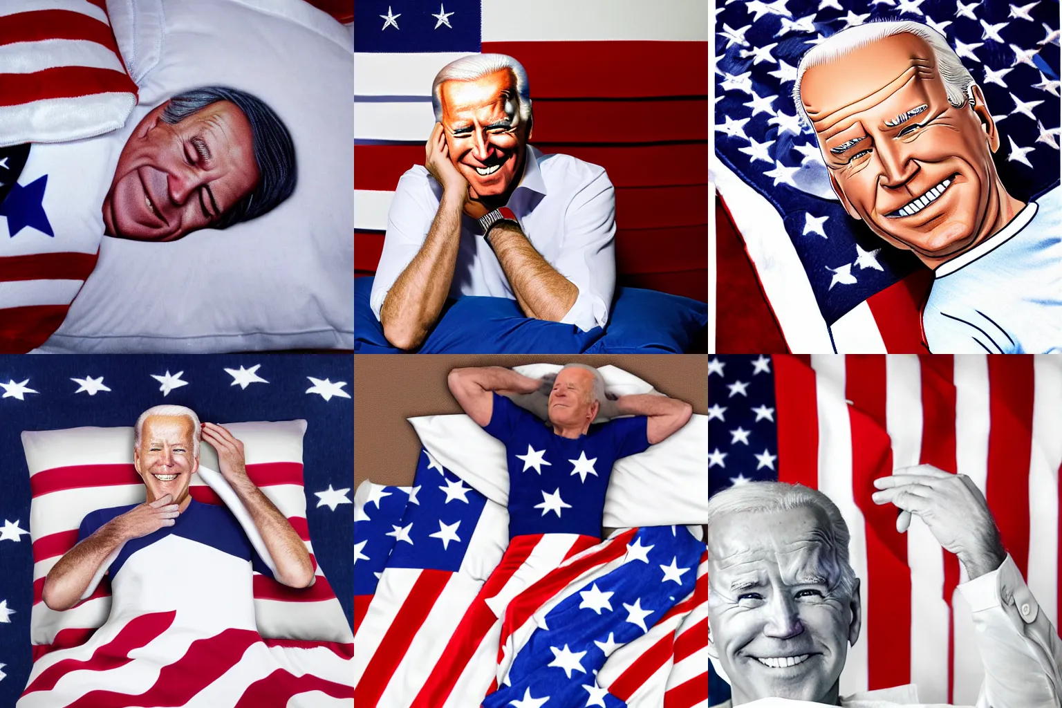 Prompt: a photograph of joe biden laying his head down on an american-flag pillow, smirking, wearing white pajamas, closed-eyes, symetrical, hyper-realistic, detailed, 8K