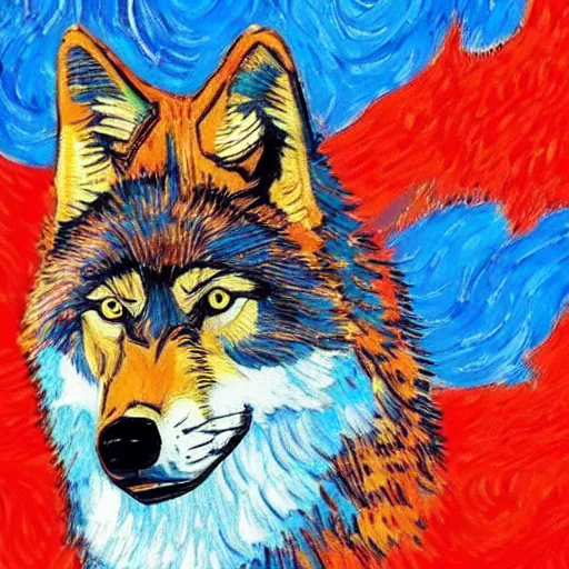 Image similar to A wolf, van gogh style, 8k, high quality, red blue color