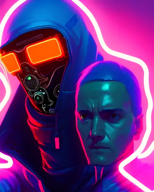 Prompt: cyberpunk synth, hyper - realistic detailed portrait of a man in a hoodie, with neon visor mask, dynamic pose, by atey ghailan, by greg rutkowski, by greg tocchini, by james gilleard, by joe fenton, by kaethe butcher, sharp focus