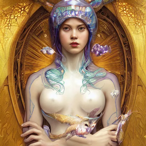 Image similar to a photograpic portrait of a anthropomorphic Macropinna microstoma wearing white clothes, iridescent colors, fantasy, intricate, elegant, highly detailed, digital painting, artstation, concept art, smooth, sharp focus, illustration, art by artgerm and H R Giger and alphonse mucha