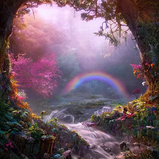 Prompt: the aesthetic view of the beautiful, grand, wistful, dreamy landscape of a hidden forest, hyperrealistic photograph by kim jung gi, rainbow hyper colorful, extremely detailed, intricate linework, sharp focus, bright colors, octopath traveler, unreal engine 5 highly rendered, global illumination, radiant light, detailed and intricate environment