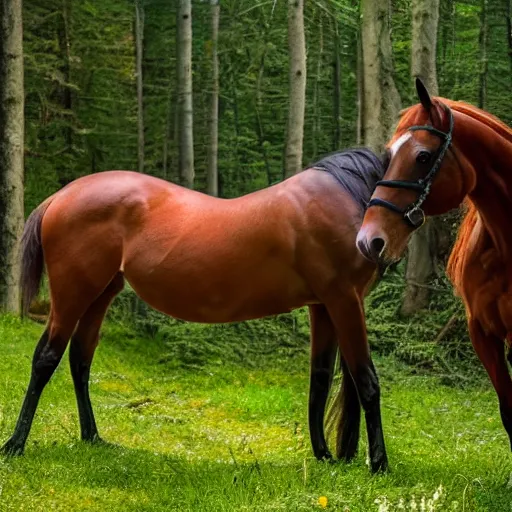 Image similar to two horses lying on the woods path, having arrows on their body, photo, 8 k