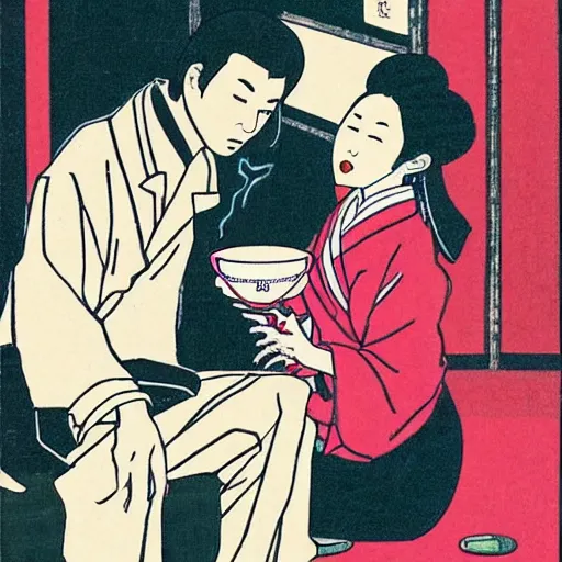 Image similar to A Japanese husband and his beautiful Japanese wife with a snake crawling around them, drinking tea by Toshio Saeki, high detailed