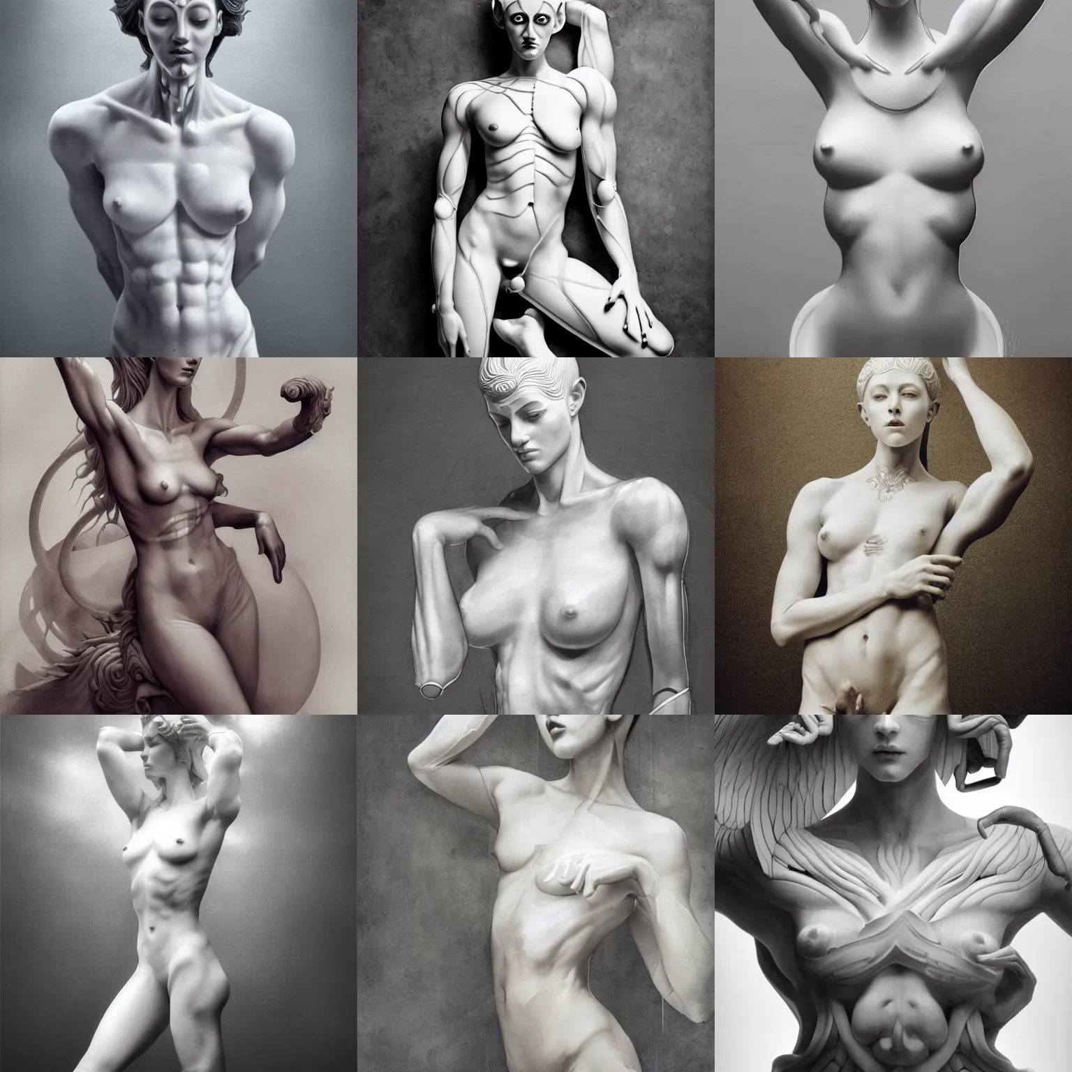 Prompt: pencil drawing illustration, white bodypaint, realistic photography, statue of beautiful perfect androgynous body, minimalism, female photography, mechanical superstructure, sacred geometry, 8 k, cinematic light, sculpture of carving marble, classical painting, art by troentemuller, wonderful masterpiece by peter mohrbacher and solvanas solvi, chinese surrealism