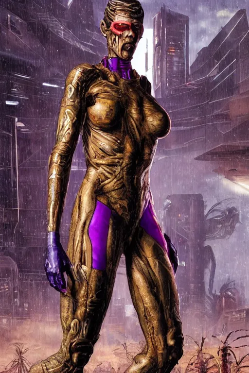 Image similar to A highly detailed, beautiful rendered, close portrait of a mutant ringer, half human, in purple spandex suit, with scars in the face, high tech equipement and armour attached to the body, in a tropical and dystopic city, in front of a garage, dried palmtrees, thick dust and red tones, bladerunner, cyberpunk, lost city, hyper-realistic environment, Epic concept art. Warhammer 40k