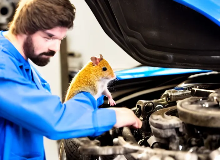 Image similar to film still of a hamster working as a mechanic in an auto shop, 8 k